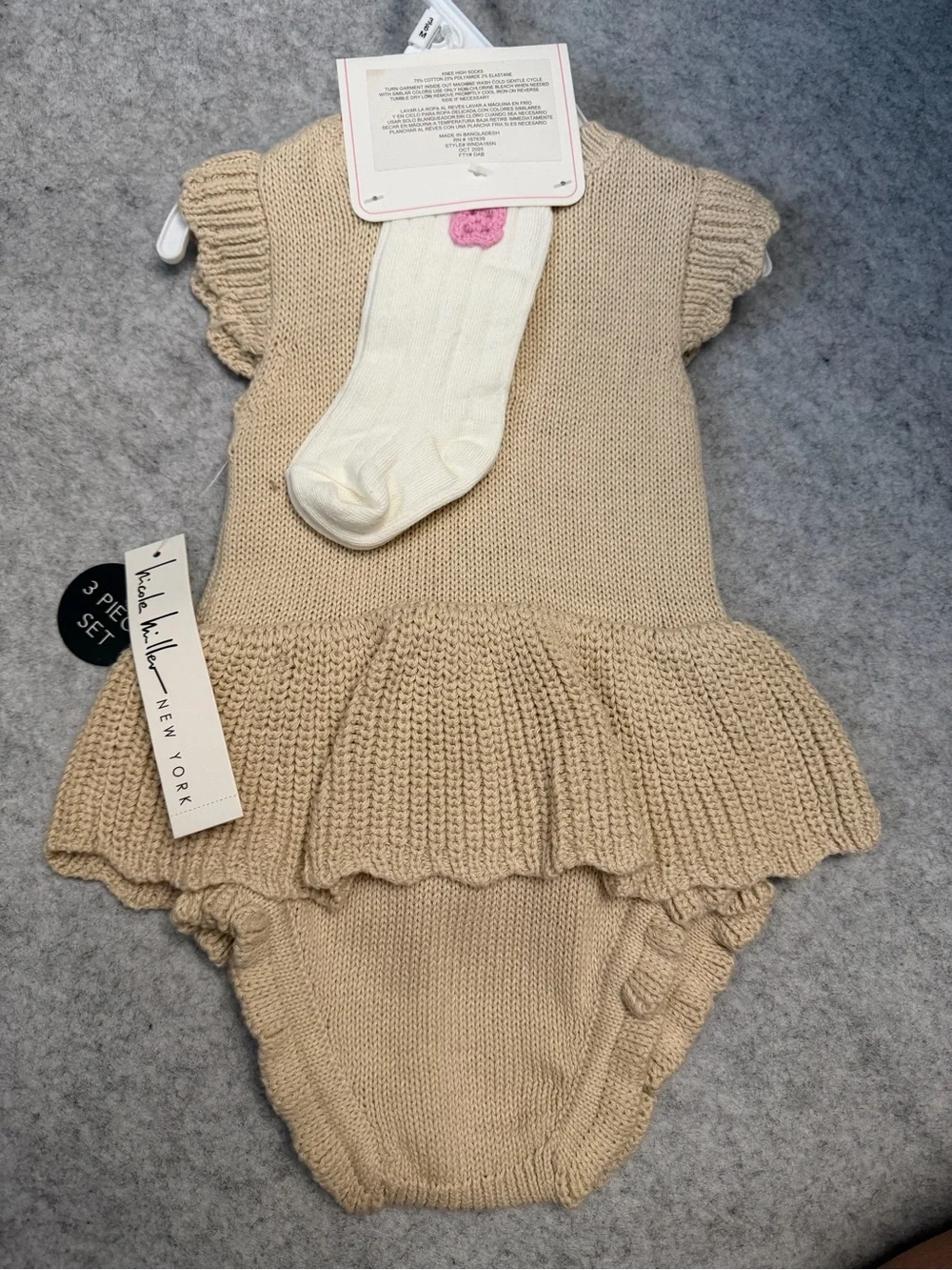 Baby Knit Dress & Bloomer Set - Beige with Pastel Floral 3-6mo